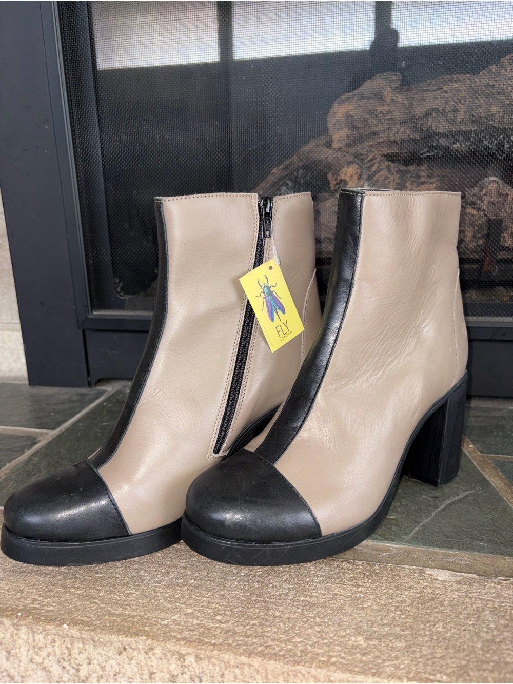 Fly London Two-Tone Taupe and Black Leather Ankle Boots